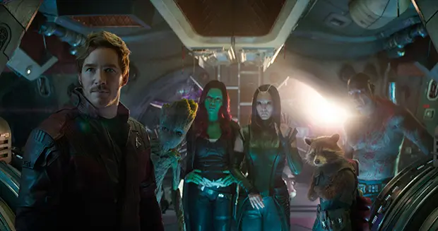 Star-Lord/Peter Quill (Chris Pratt), Groot (voiced by Vin Diesel), Gamora (Zoe Saldana), Mantis (Pom Klementieff), Rocket (voiced by Bradley Cooper) y Drax (Dave Bautista)