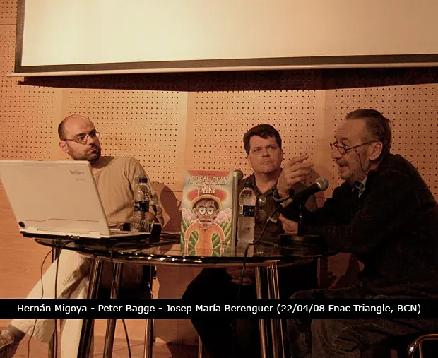 Peter Bagge junto a Hernán Migoya y Josep María Berenguer durante la presentación del cómic en Barcelona, 2008