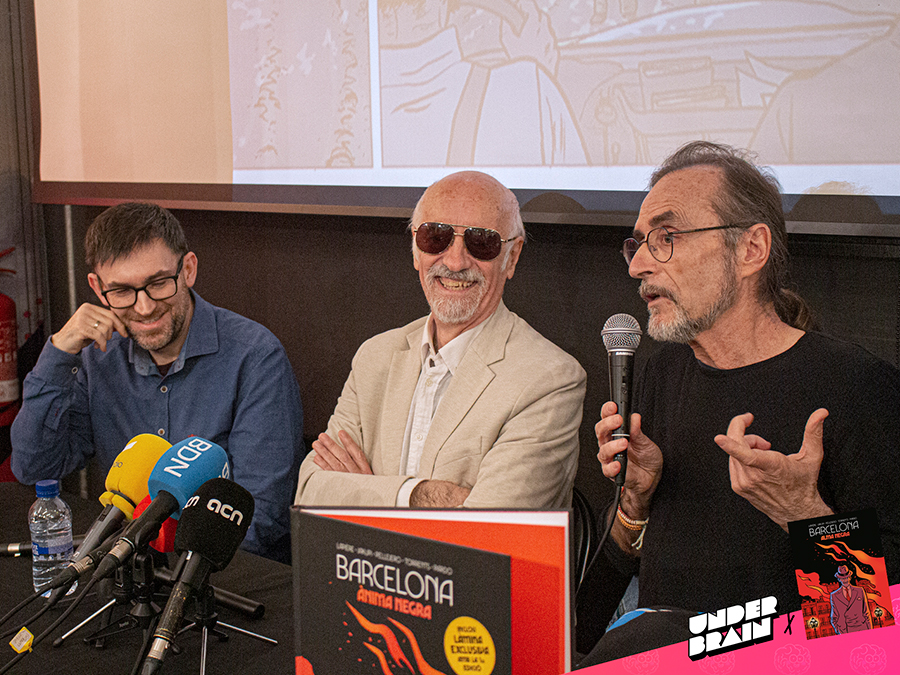 Pardo, Jakupi y Pellejero en la presentación a medios del cómic «Barcelona. Alma negra»