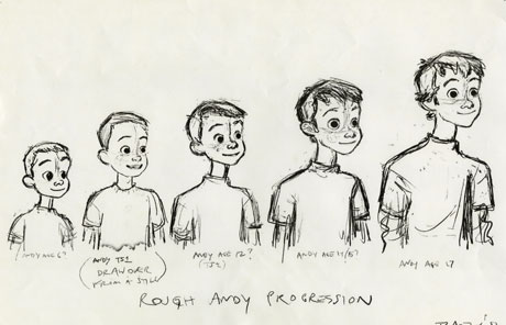 Boceto evolución de Andy de Toy Story 3