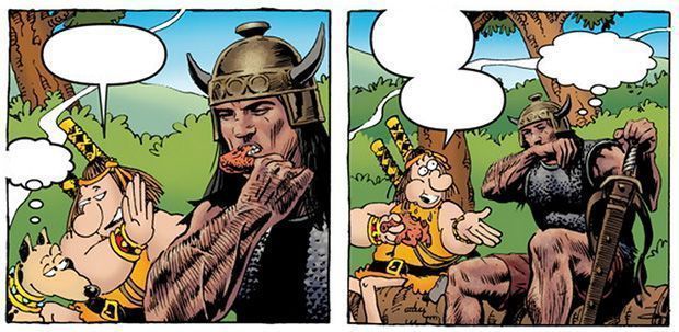 Viñetas con los protagonistas de Groo vs. Conan