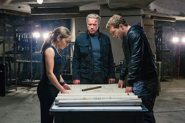 Left to right: Emilia Clarke plays Sarah Connor, Arnold Schwarzenegger plays the Terminator, and Jai Courtney plays Kyle Reese in Terminator Genisys from Paramount Pictures and Skydance Productions.